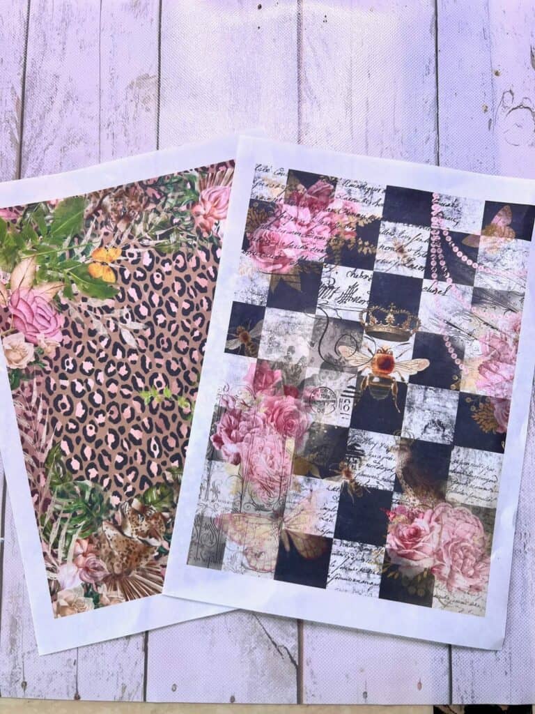 2 sheets of rice paper printables, one is black and white checks with a bee with a crown on its head and roses, the other is leopard print with flowers and greenery.