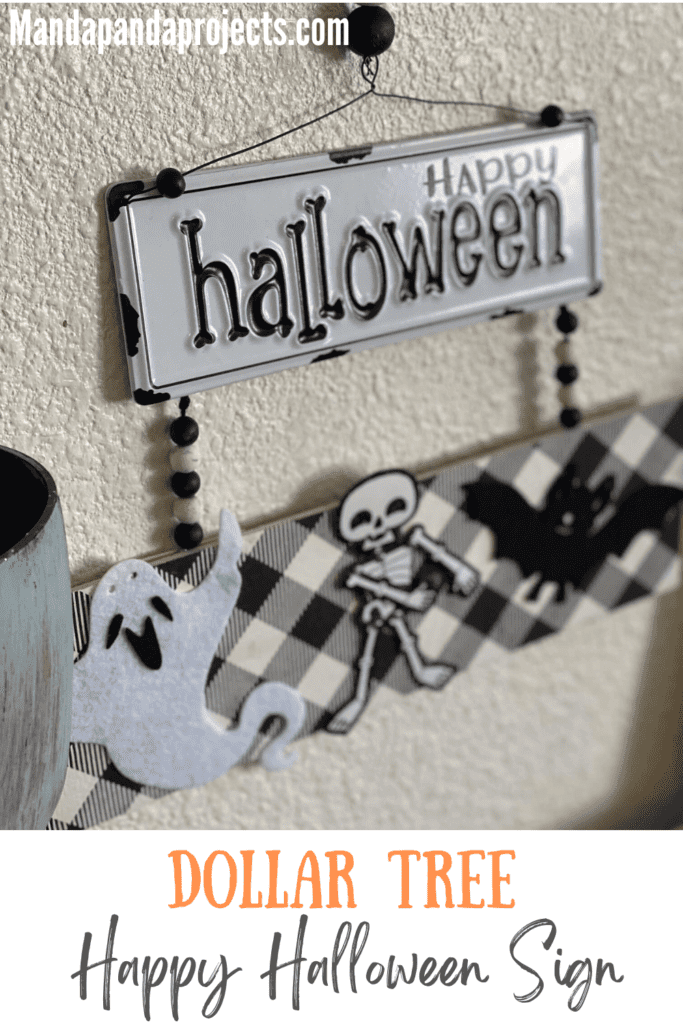 Happy Halloween Flossing skeleton DIY decoration with black and white metal sign and buffalo check along with a ghost, a bat, and a skeleton and wood bead hanger.