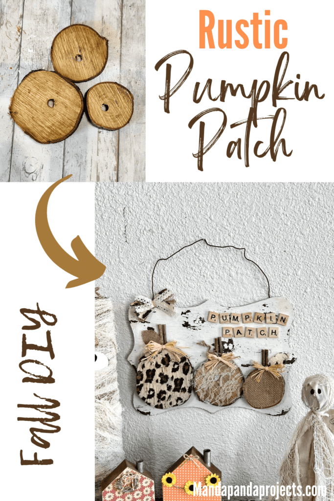 Rustic leopard and lace pumpkin patch made with 3 wood rounds and scrabble tiles and a wire hanger in a neutral theme with a white chippy paint background for fall decor.