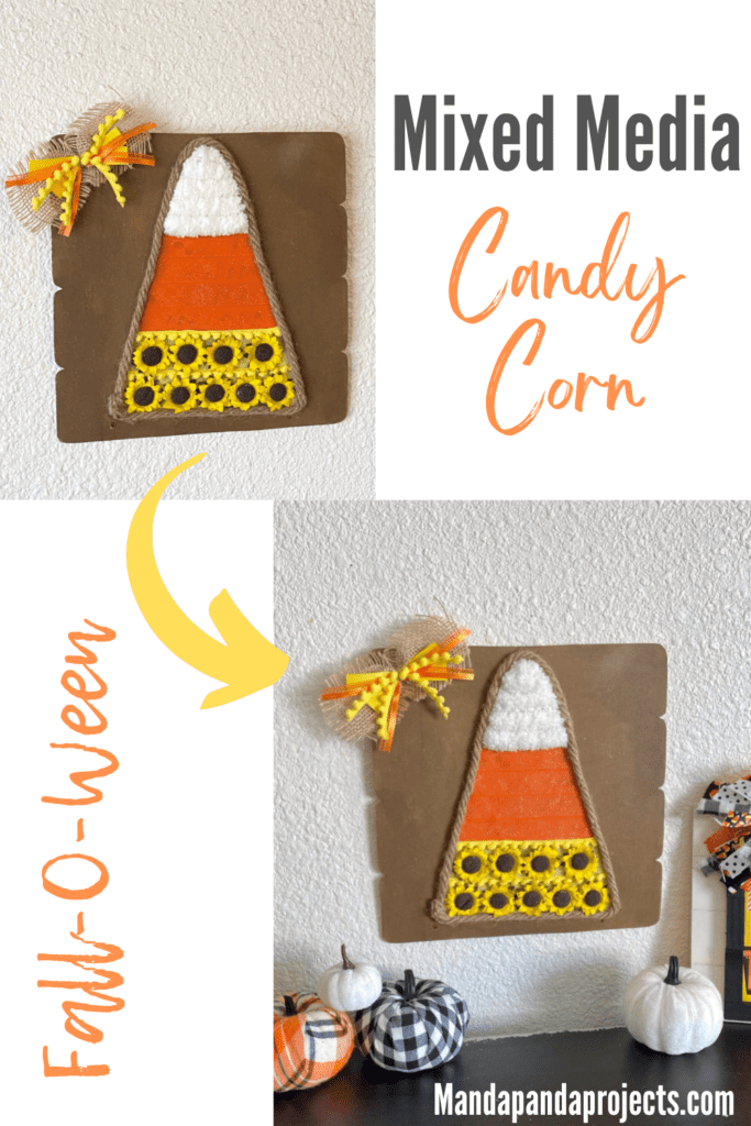 Dollar Tree Mixed Media Candy Corn craft with white chunky yarn, orange ribbon and yellow sunflowers with Jute rope around the edge and a cute bow in the corner.