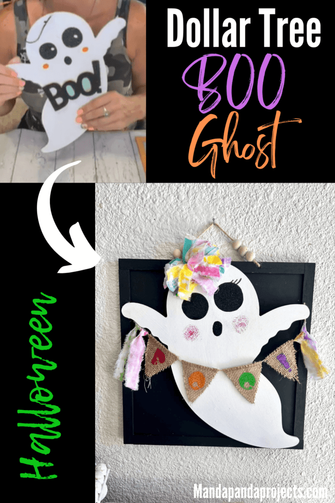 Dollar Tree wooden ghost "before" pic with an arrow pointing to the completed project after the makeover.