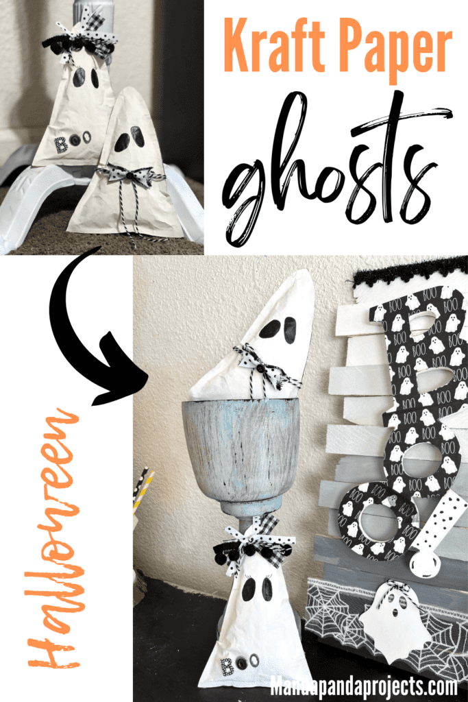 Kraft Paper Ghosts DIY easy and affordable Halloween decor. Boy and girl triangle shaped ghosts with black and white bow and bow tie and the word BOO, with 2 black eyes and no mouth.