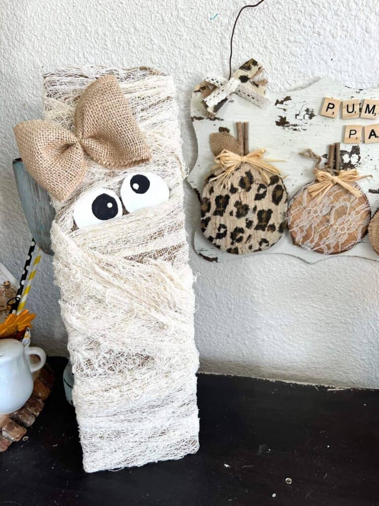 Cheesecloth wrapped Mummy girl next to a Leopard, lace and burlap pumpkin patch on a bookshelf.