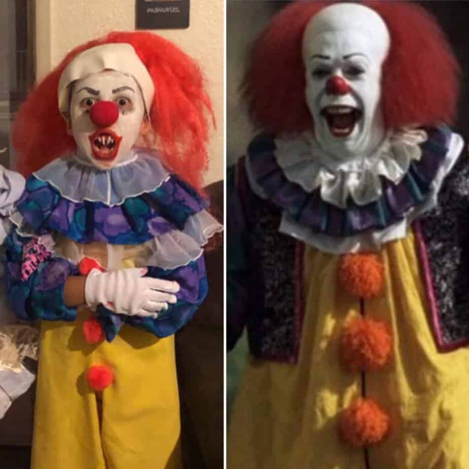 Justice side by side comparison in his original DIY pennywise the clown Halloween costume, next to a picture of pennywise from the original movie.
