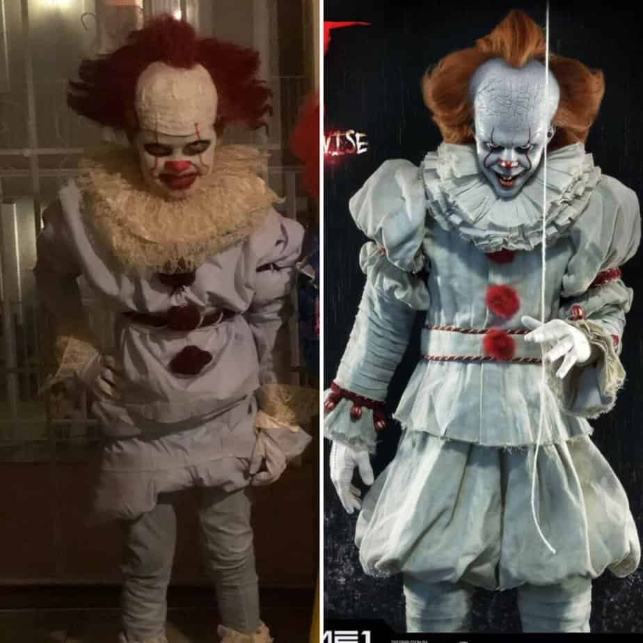 Maddox side by side comparison in his new updated DIY pennywise the clown Halloween costume, next to a picture of pennywise from the new movie.