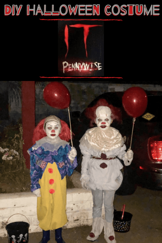 DIY Pennywise the Clown Halloween costumes with the original version of pennywise, the new movie version, and Georgie from the movie IT, all holding red balloons.