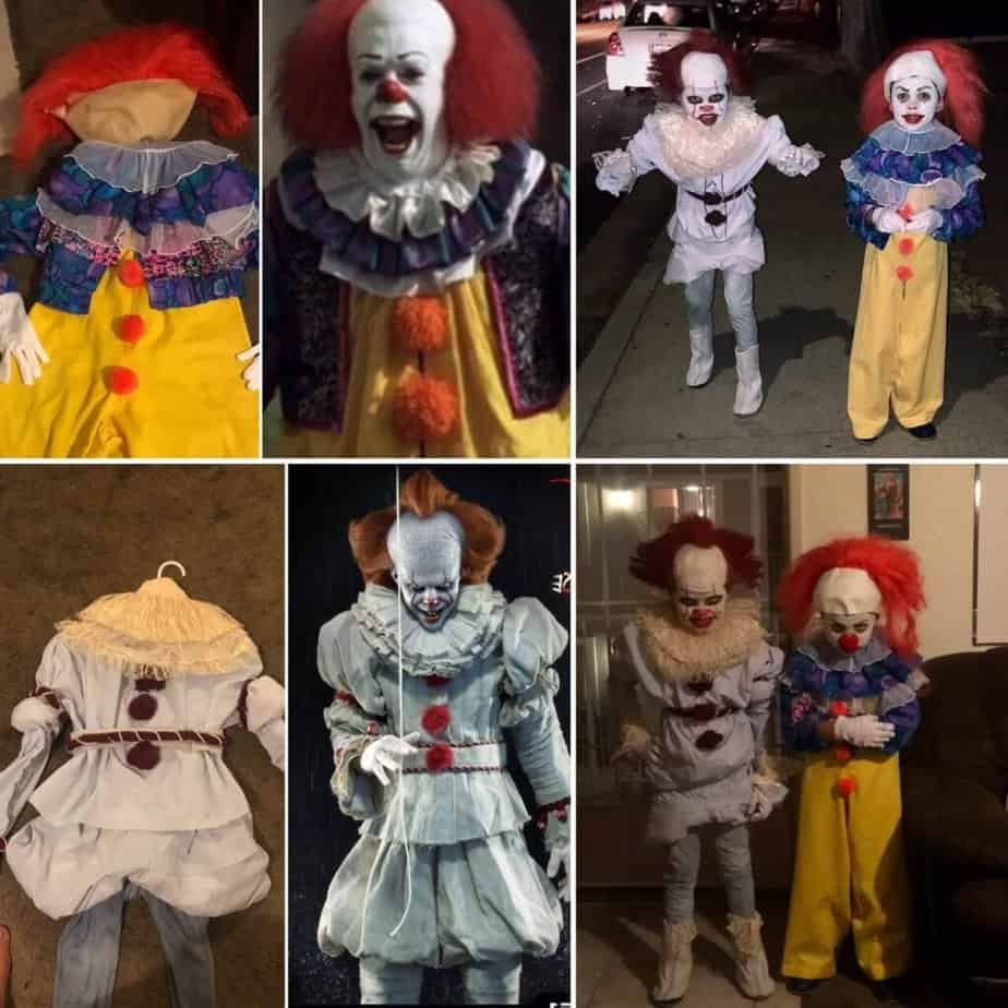 A photo grid showing the handmade costumes on the floor all completed, on the boys on Halloween night. and on the original characters in the movie.