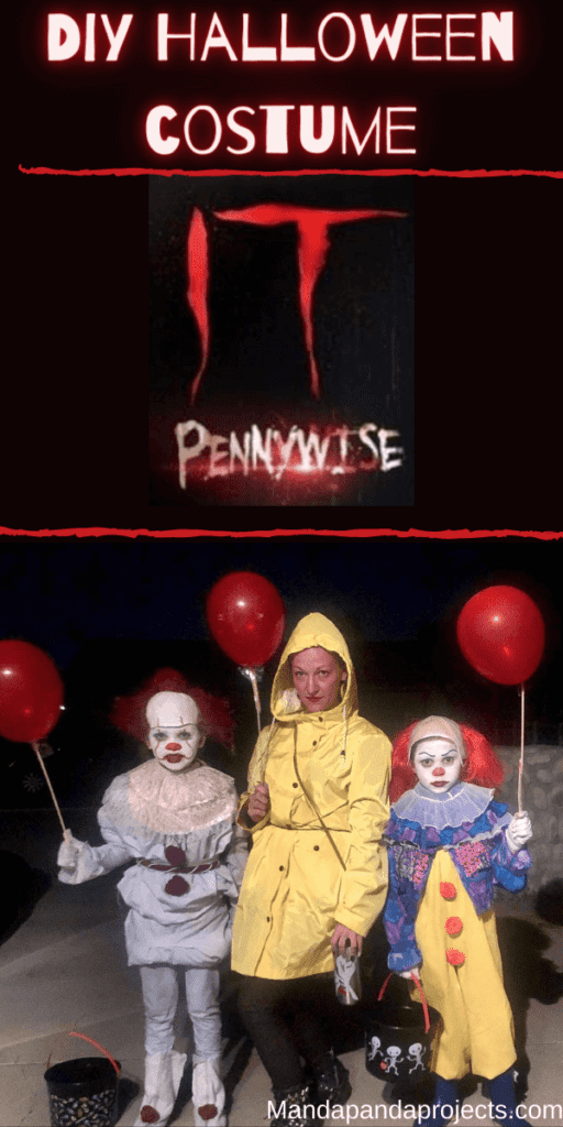 DIY Pennywise the Clown Halloween costumes with the original version of pennywise, the new movie version, and Georgie from the movie IT, all holding red balloons.