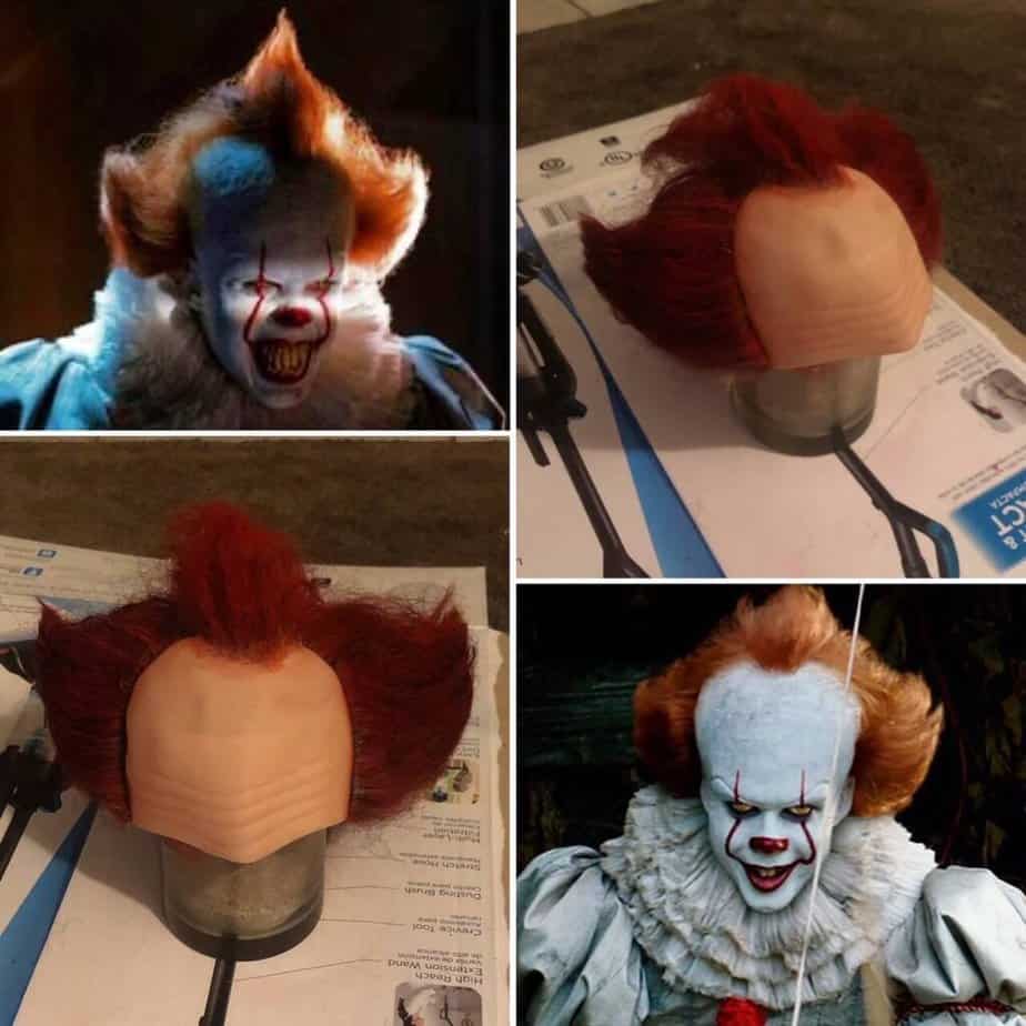 A side by side comparison of the DIY wig that was made with the bald old man wig and the actual wig used int he movie IT.