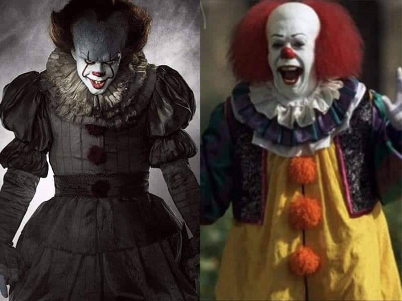 A side by side picture of Pennywise from the original movie on the right side with the yellow clown outfit, and the new Pennywise from the remake on the left side with the grey clown suit and fiery red hair.