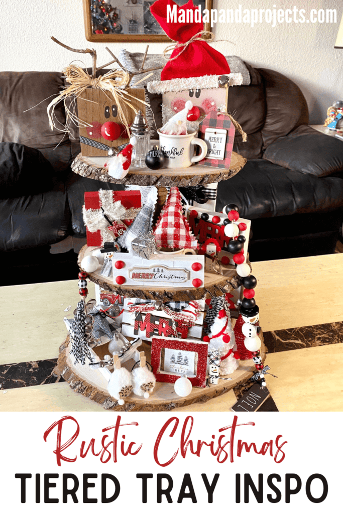 Christmas Rustic Handmade Tiered Tray inspiration for a red, black, and white themed Christmas decorations with traditional Santas, reindeer, Christmas trees, and presents.
