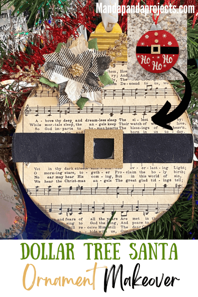 Dollar Tree Santa Belt Christmas Tree Ornament makeover with neutral style Music sheet paper, a black santa belt with gold buckle, green and black buffalo check poinsettia flower, gold glitter branches and a white ribbon hanger for DIY handmade ornaments.