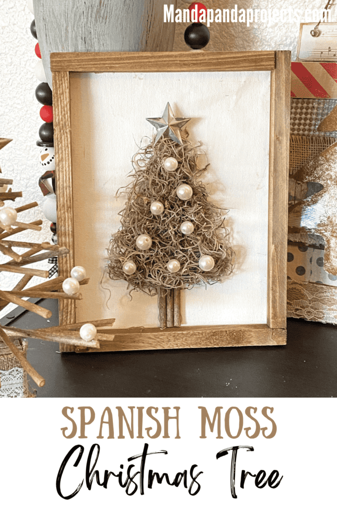 Spanish Moss Christmas Tree made with a Dollar Tree reverse canvas with pearl bead ornaments and a galvanized metal star topper.