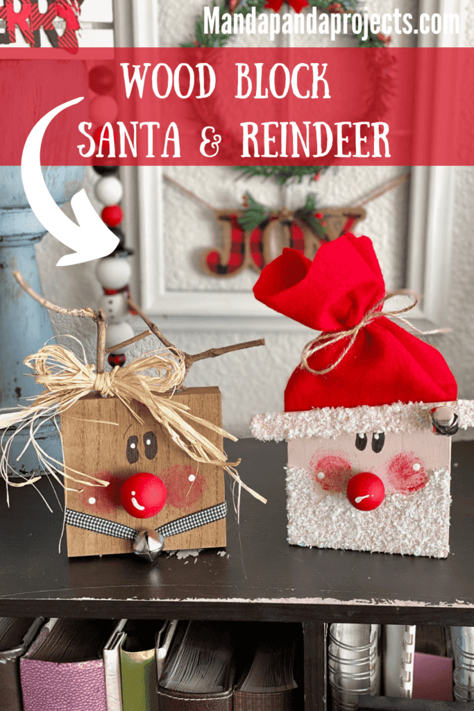 Wood block santa and rudolph the red-nosed reindeer made with 4x4 blocks, painted whimsy faces, wood bead red noses, raffia bow, and faux snowy glitter beard and jingle bells.