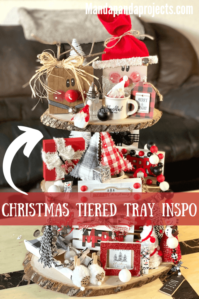 Christmas Rustic Handmade Tiered Tray inspiration for a red, black, and white themed Christmas decorations with traditional Santas, reindeer, Christmas trees, and presents.