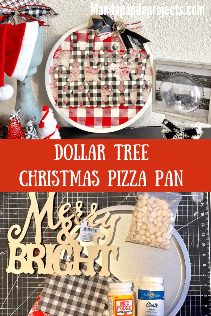 Dollar Tree Merry and Bright Christmas Pizza Pan Door Hanger Wreath with red and white check background and buffalo check wooden word cutout and a messy bow with vintage bling.