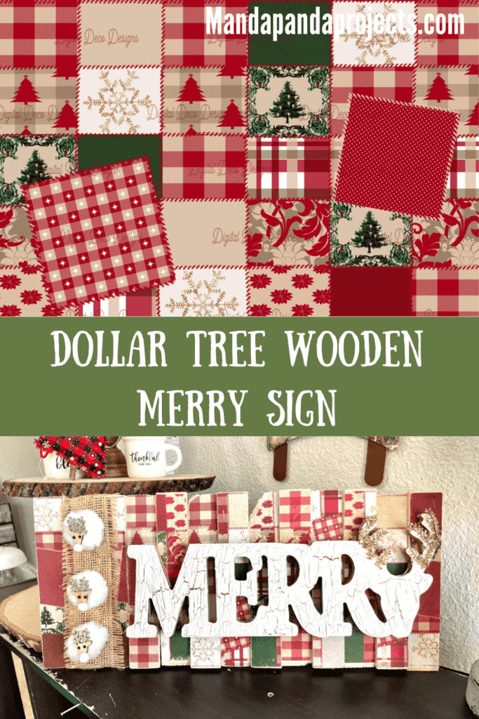 Dollar Tree Wooden Merry Sign made with a Christmas rice paper printable on wood shims with the crackle technique and mini white reindeer for DIY Christmas Decor.