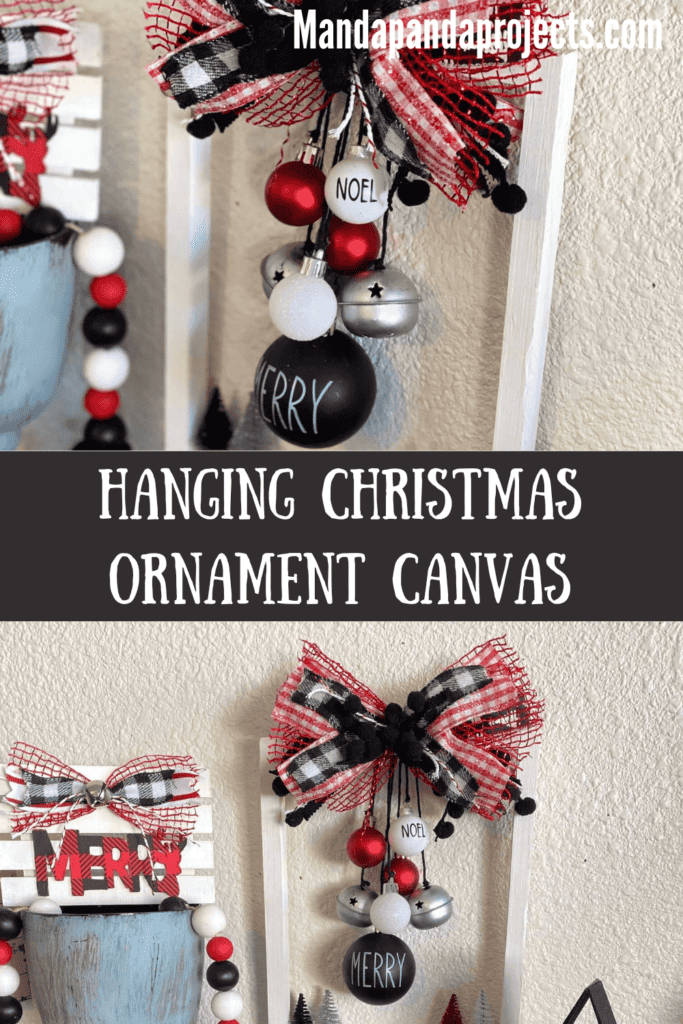 Hanging Christmas ornament reverse canvas made with red, black, white, and silver Rae Dunn inspired bulbs, hanging from black twine from a white 8x10 canvas with a big messy bow and mini bottle brush trees on the bottom.