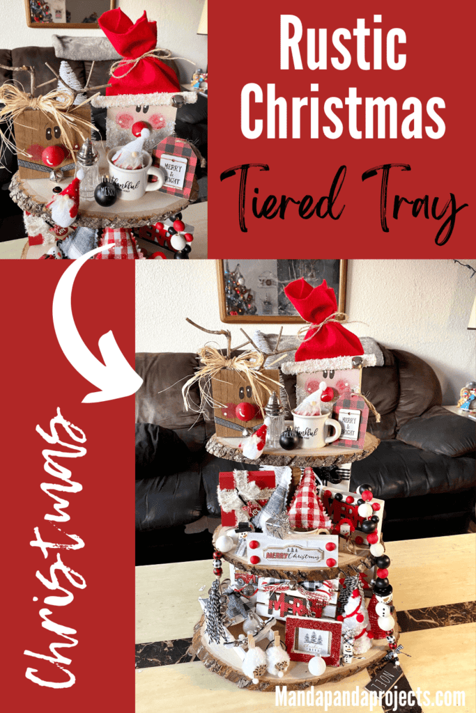 Christmas Rustic Handmade Tiered Tray inspiration for a red, black, and white themed Christmas decorations with traditional Santas, reindeer, Christmas trees, and presents.