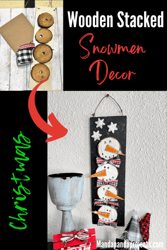 Wooden stacked snowmen decor made with wood round and 4 snowmen faces stacked on top of each other with bows in between on a black snowy background with a few snowflakes to decorate for winter.