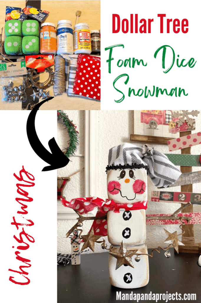 Dollar Tree Foam Dice Snowman DIY christmas and winter decor with a black and white striped hat, red polka dot scarf, sticks for arms, holding a jingle bell garland with rusty stars for decoration.