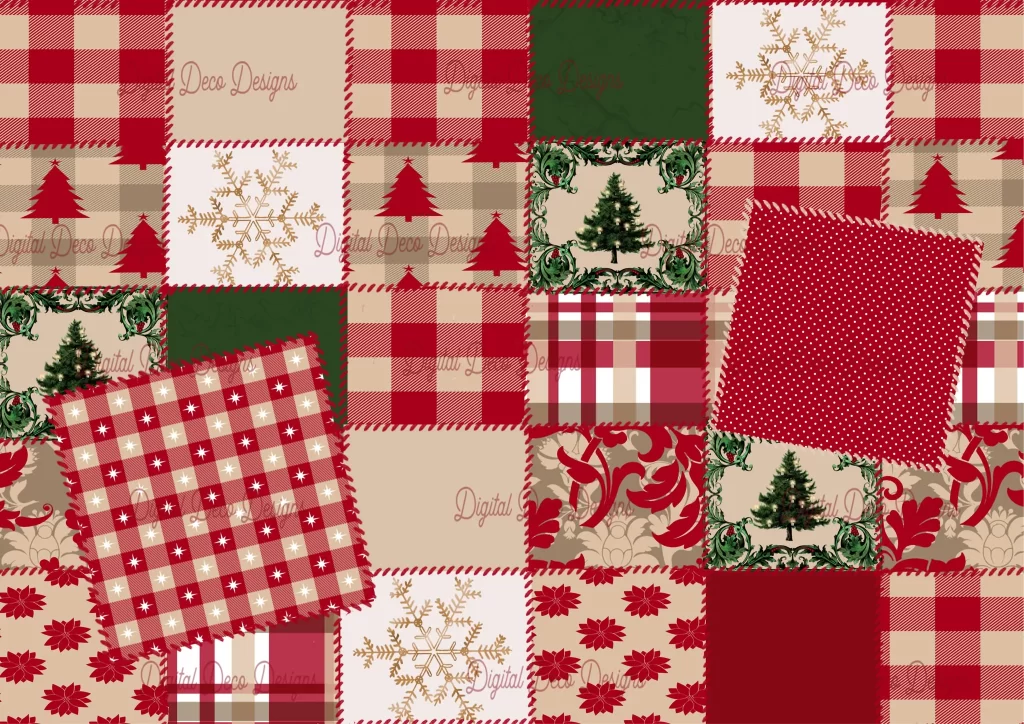 Christmas Cabin Quilt rice paper printable from Digital Deco Designs, a patchwork christmas pattern.