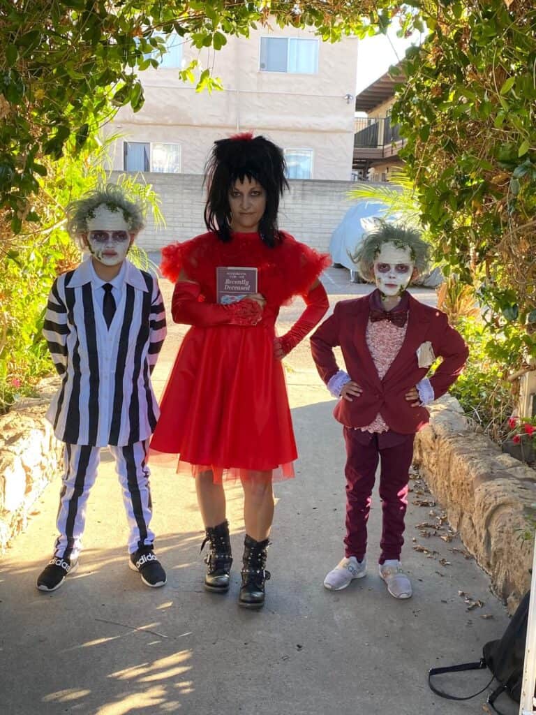 DIY Handmade Beetlejuice and Lydia Halloween costumes both the black and white striped suit and the maroon wedding suit made with thrift store clothes on a budget.