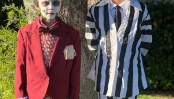 Handmade DIY Beetlejuice and Lydia Halloween Costumes from thrift store clothes. The Black and White suit and the Maroon Wedding suit.