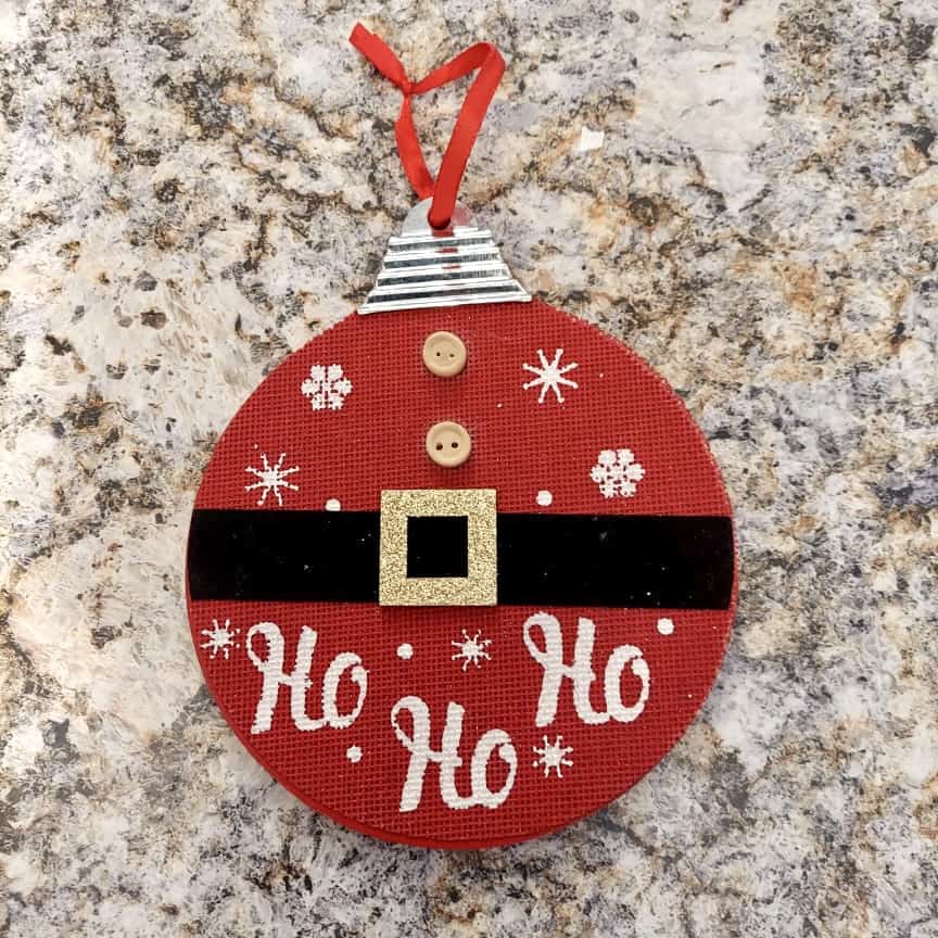 Dollar Tree Santa Belt red ornament that says Ho Ho Ho.