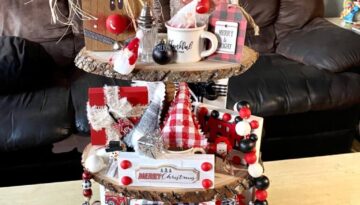 Christmas Rustic Handmade Tiered Tray inspiration for a red, black, and white themed Christmas decorations with traditional Santas, reindeer, Christmas trees, and presents.