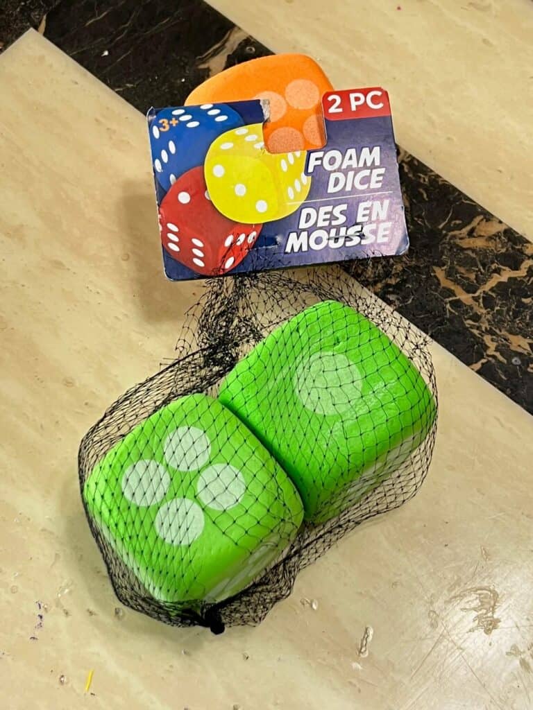 Pack of two Dollar Tree foam dice.