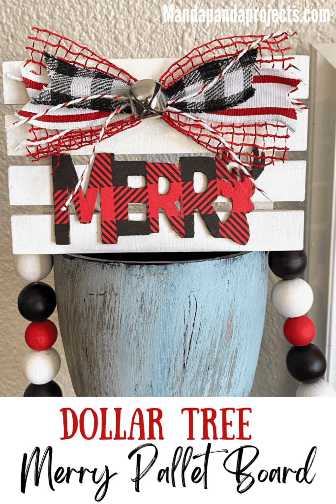 Tiered Tray Merry Pallet Board with a red and black buffalo check word Merry and a cute bow and silver bell to decorate  for christmas.