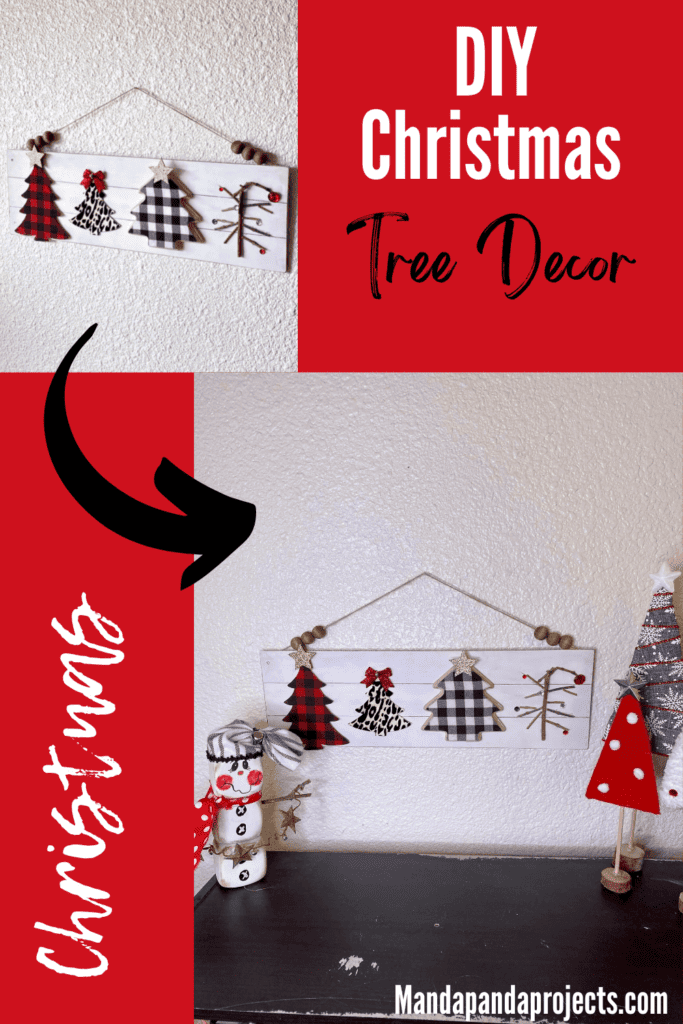 Mixed Christmas tree sign on a long wooden faux shiplap background with red and black buffalo check christmas tree, black and white buffalo check tree, leopard print tree, and a charlie brown christmas tree with a partial wood bead hanger displayed on the wall for DIY Christmas decor.