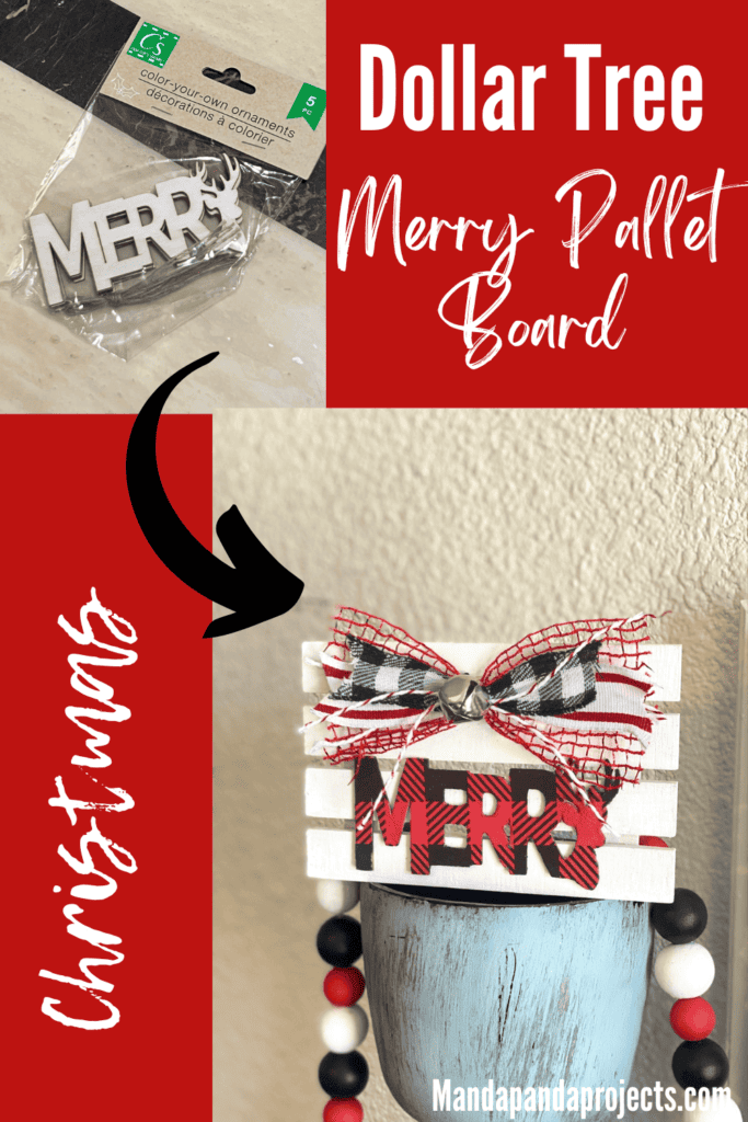 Tiered Tray Merry Pallet Board with a red and black buffalo check word Merry and a cute bow and silver bell to decorate  for christmas.