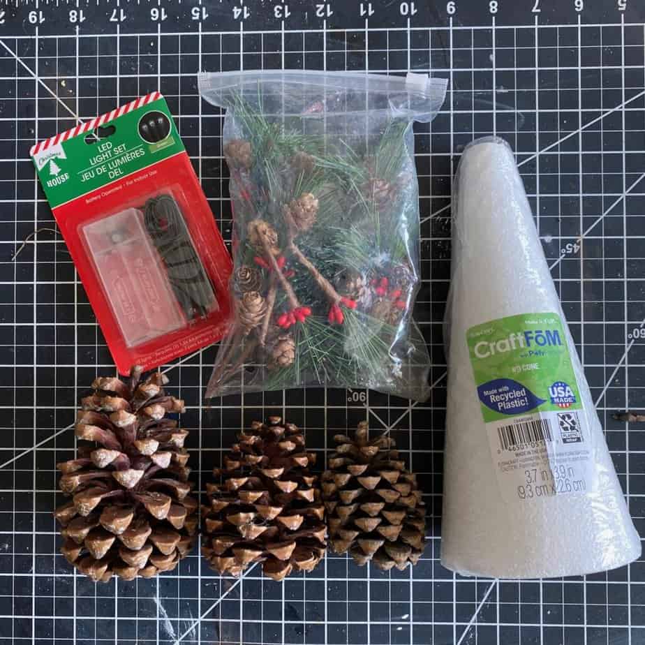 Unopened pack of fairy lights, greenery picks, foam cone, and 3 pine cones. All the supplies to make the project.