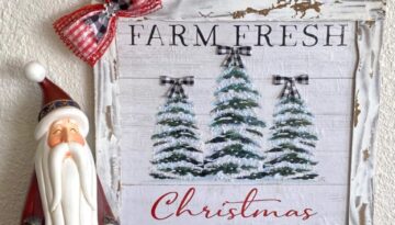 Dollar Tree Calendar December print Farm Fresh Christmas Trees sign made with paint stick frame and a wood bead hanger.