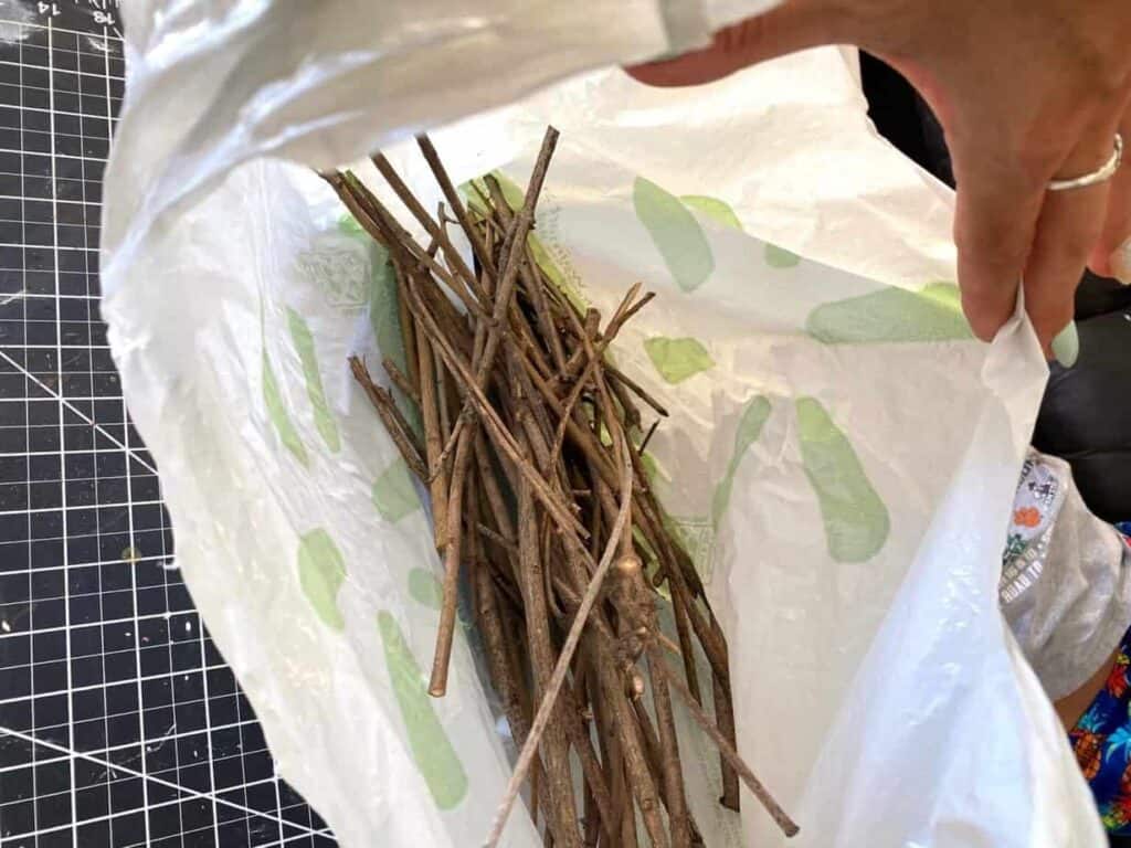 A plastic bag open full of sticks from outside.
