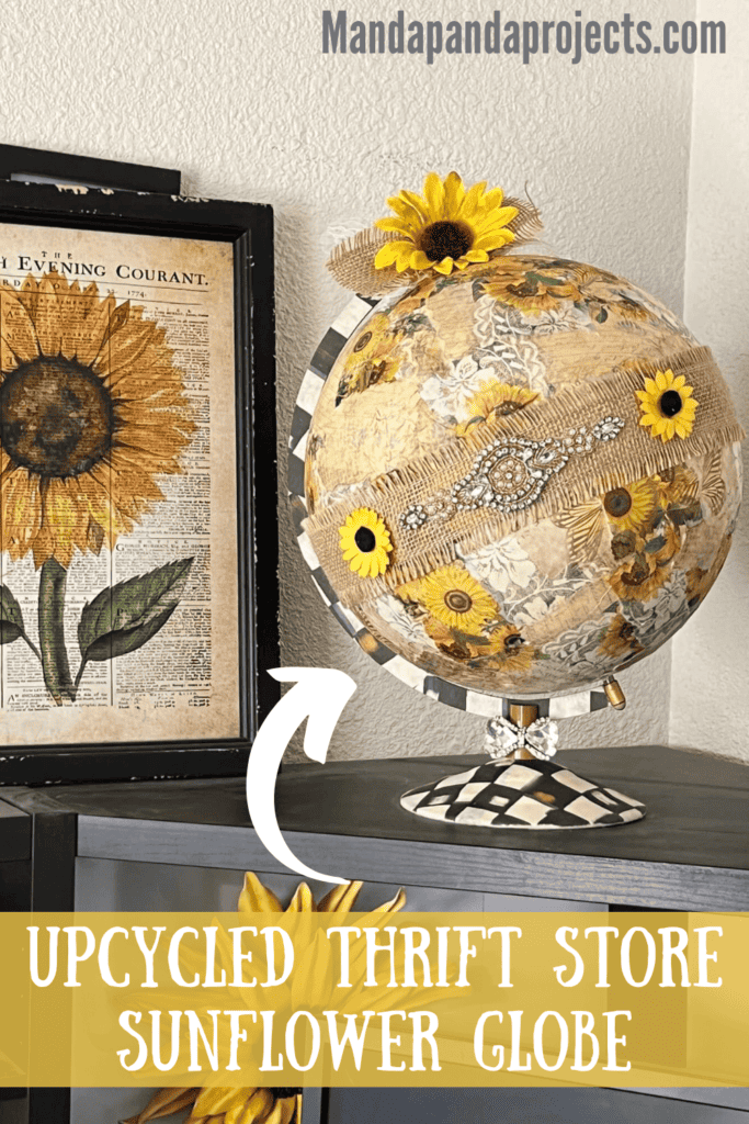 Upcycled Sunflower Thrift Store Globe Makeover decoupaged with sunflower and black and white check rice paper, and totally dazzled bling for a unique and fun piece of makeover decor on a budget.