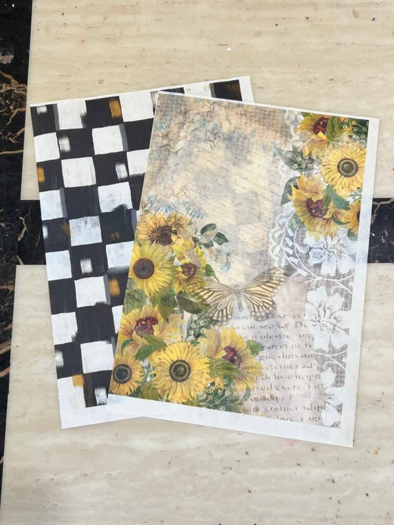 2 pieces of rice paper, hand painted black and white checks on the left and sunflower on the right.
