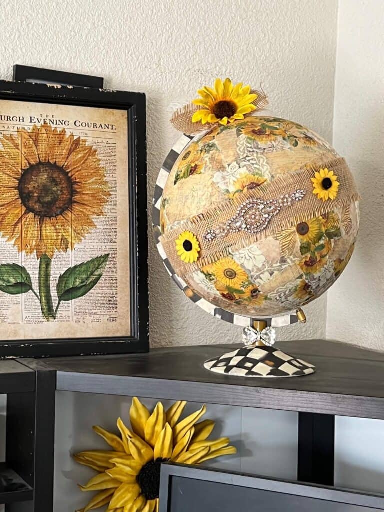 Upcycled Sunflower Thrift Store Globe Makeover decoupaged with sunflower and black and white check rice paper, and totally dazzled bling for a unique and fun piece of makeover decor on a budget.