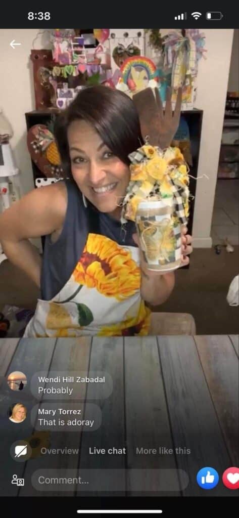 Amanda holding the completed project on a Facebook Live thumbnail.