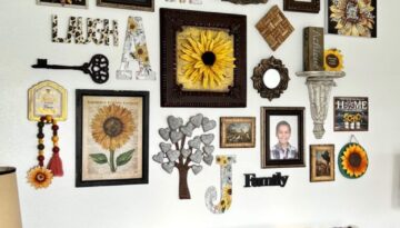 Sunflower Gallery Wall with leopard print accents with handmade and thrifted unique decor pieces.