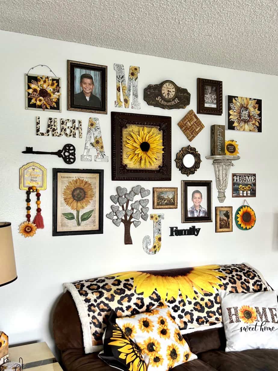 Sunflower Gallery Wall with leopard print accents with handmade and thrifted unique decor pieces.