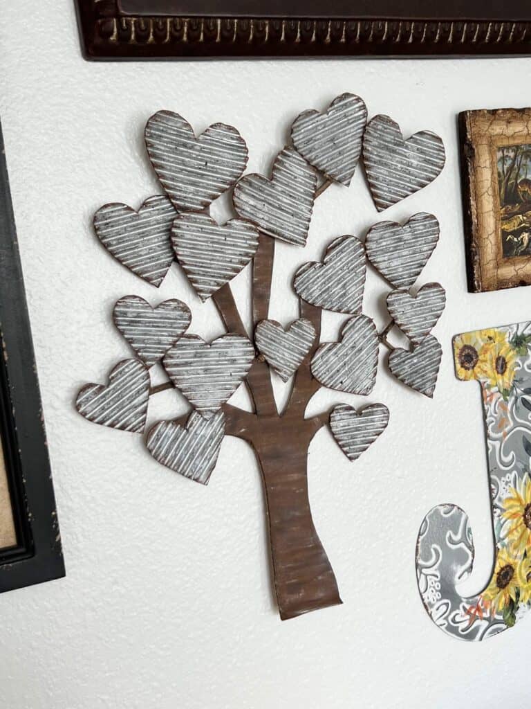 Faux galvanized metal heart tree handmade out of cardboard.