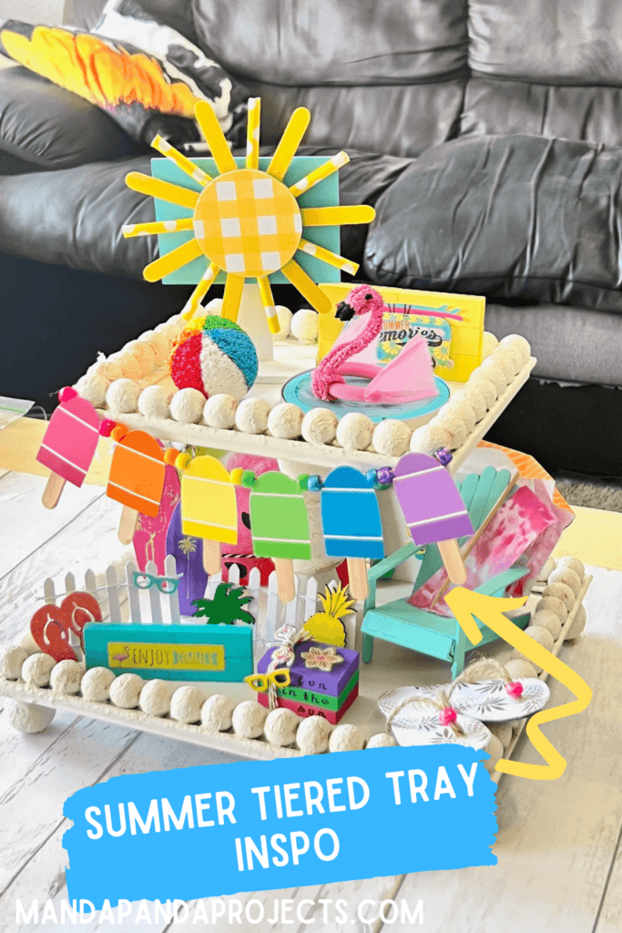 Fun in the Sun summer themed crafts and decor for a 2 tiered wood bead handmade tray. With beach, pool, popsicles, surf boards, sun, flip flops, and flamingo pool floatie.