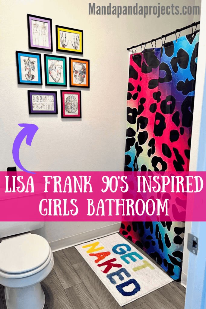 Colorful rainbow themed girls bathroom decorated in lisa frank inspired colors and decor like it's straight out of the 90's with thrift store and curated decor.