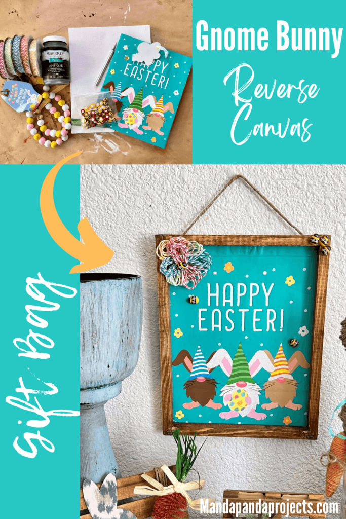 Gnome Bunny Easter Gift Bag Reverse Canvas Teal print with 3 bunnies for DIY easter spring crafts and decor.
