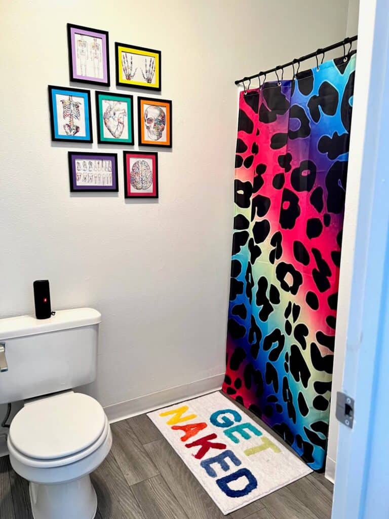 Rainbow cheetah shower curtain, multicolor human anatomy framed prints on the wall, and a bathmat that says "get Naked" in rainbow color.