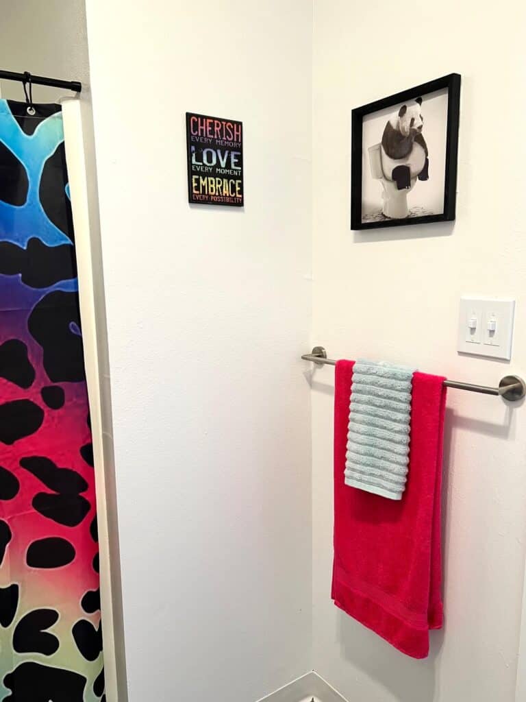 A rainbow colorful wall plaque next to a canvas print of a panda sitting on a toilet.