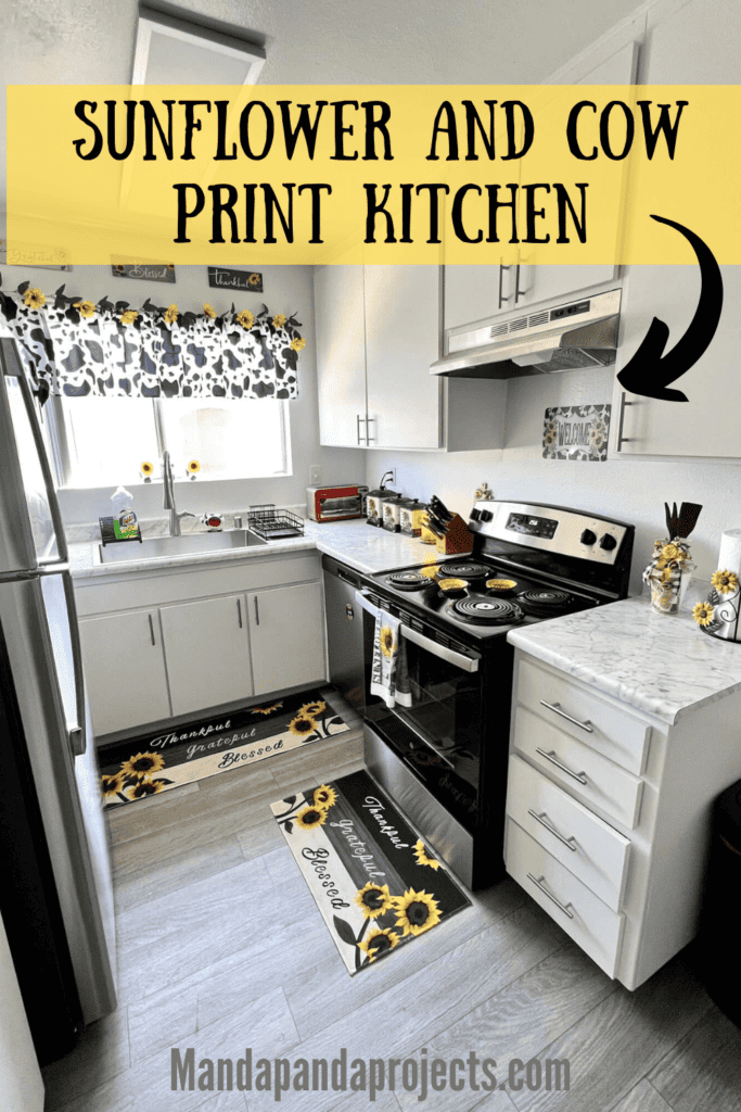 Sunflower and Cow Print Kitchen Inspo to decorate a fun and unique home decor themed kitchen. With Hints of buffalo check, sunflower, and cow print.